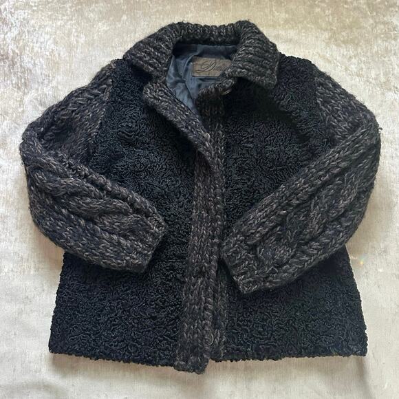Vintage Persian lamb cable knit sleeves wool jacket coat vest black woman SZ L - Picture 1 of 16